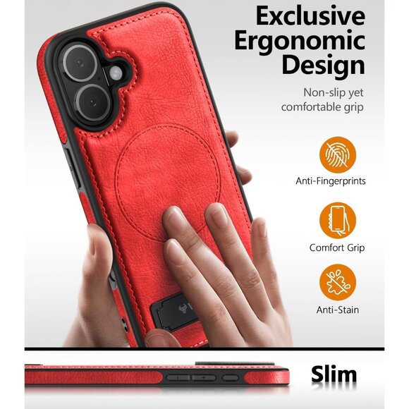 Red Iphone 17 Pro Max Invisible Stand Protective Slim Kickstand Leather Case - Picture 4 of 7